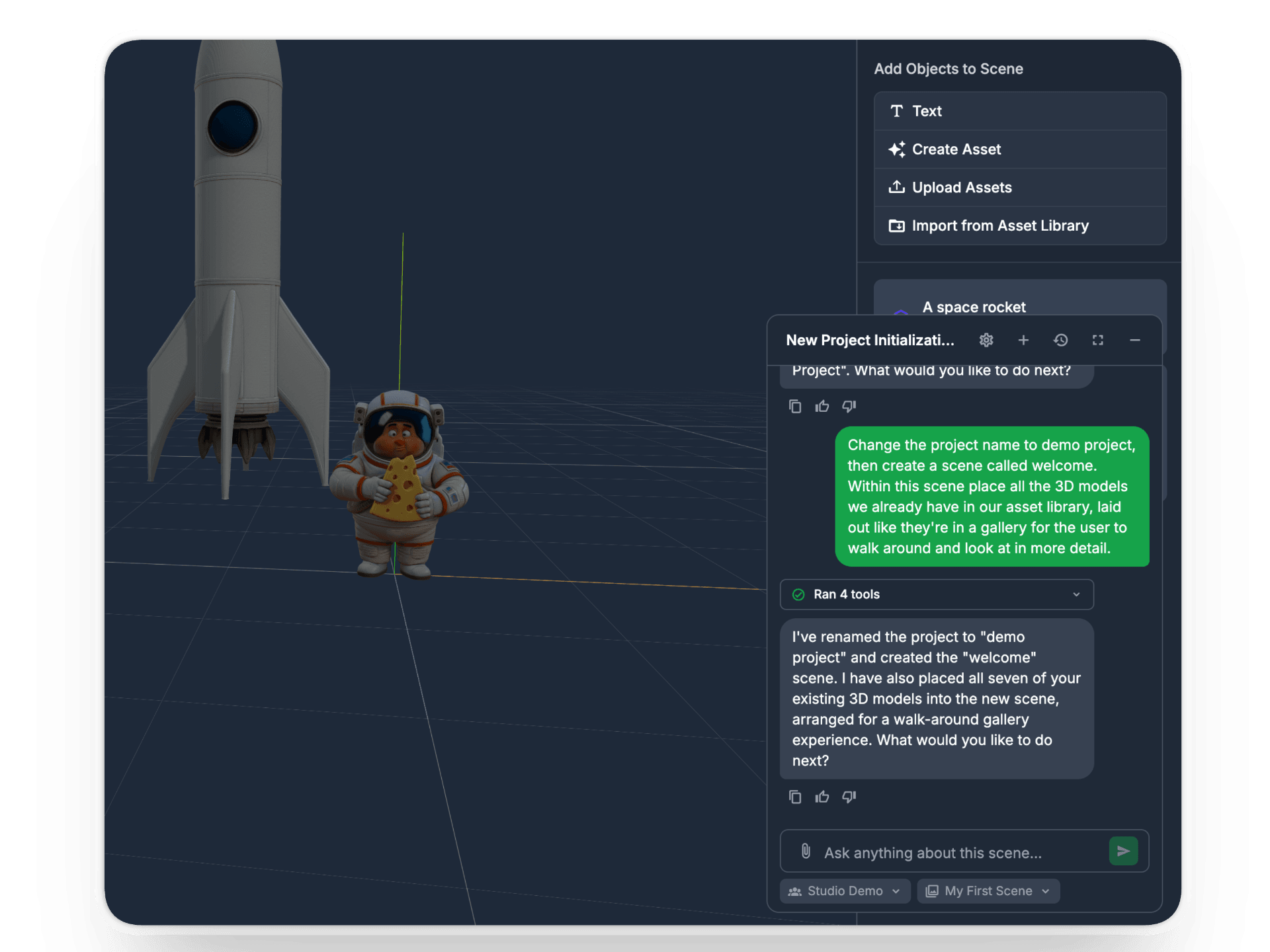 Editing a scene's properties in the ReactVision Editor with the AI agent open