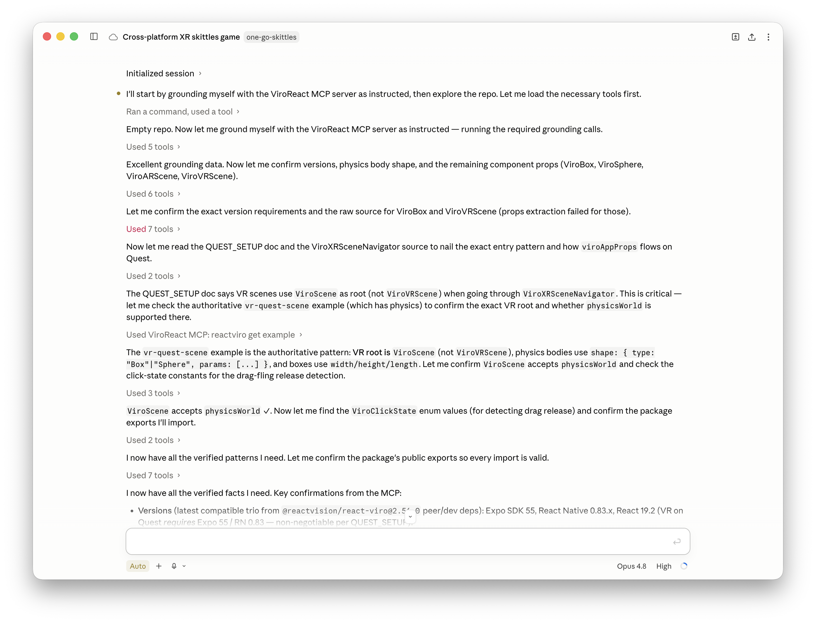 Claude Code writing ViroReact code with the MCP server connected