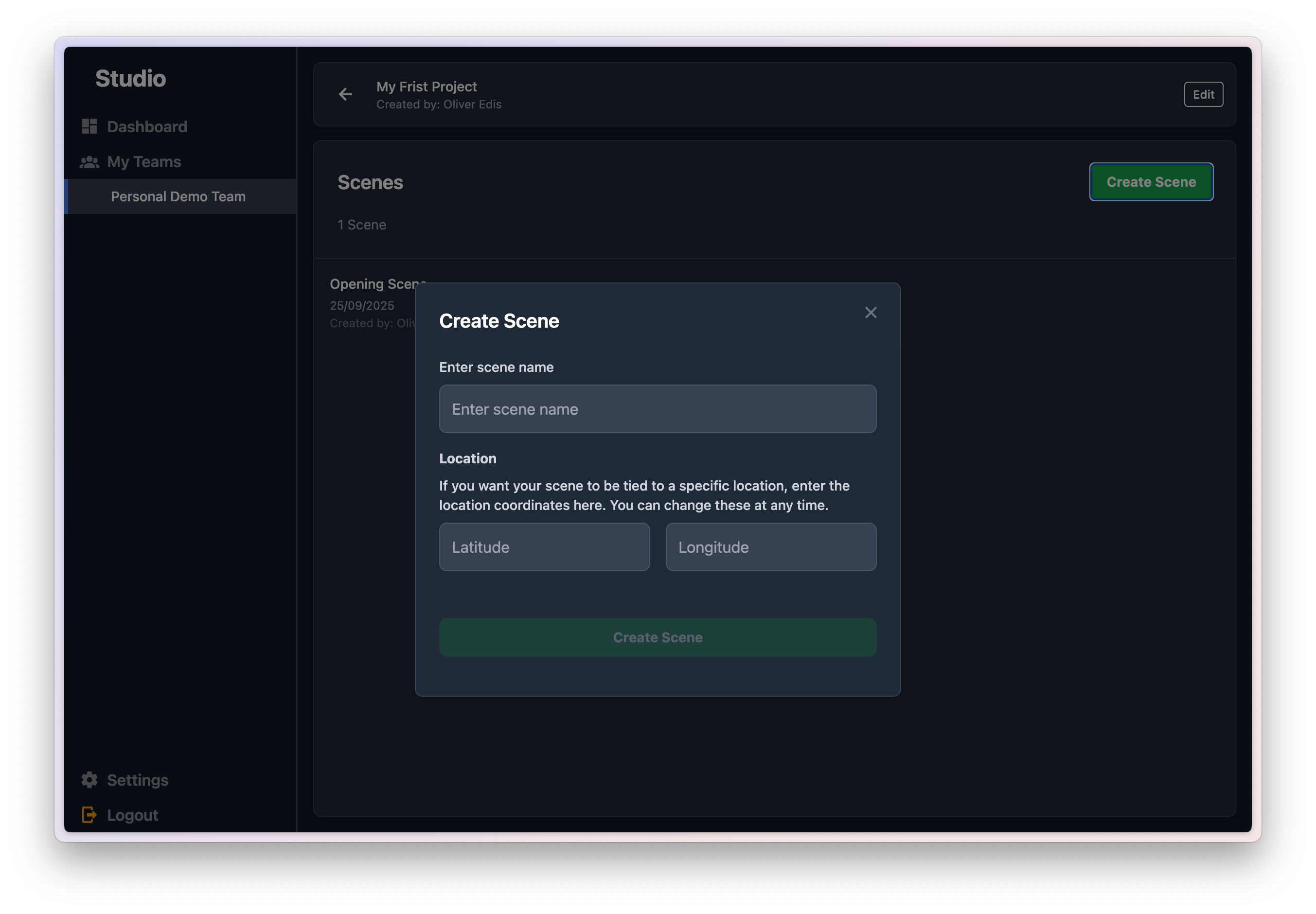 Creating a new Scene in Studio