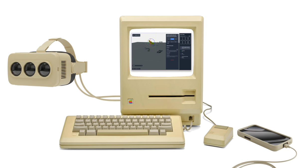 ReactVision Studio running on an old Macintosh alongside a retro smartphone and VR headset